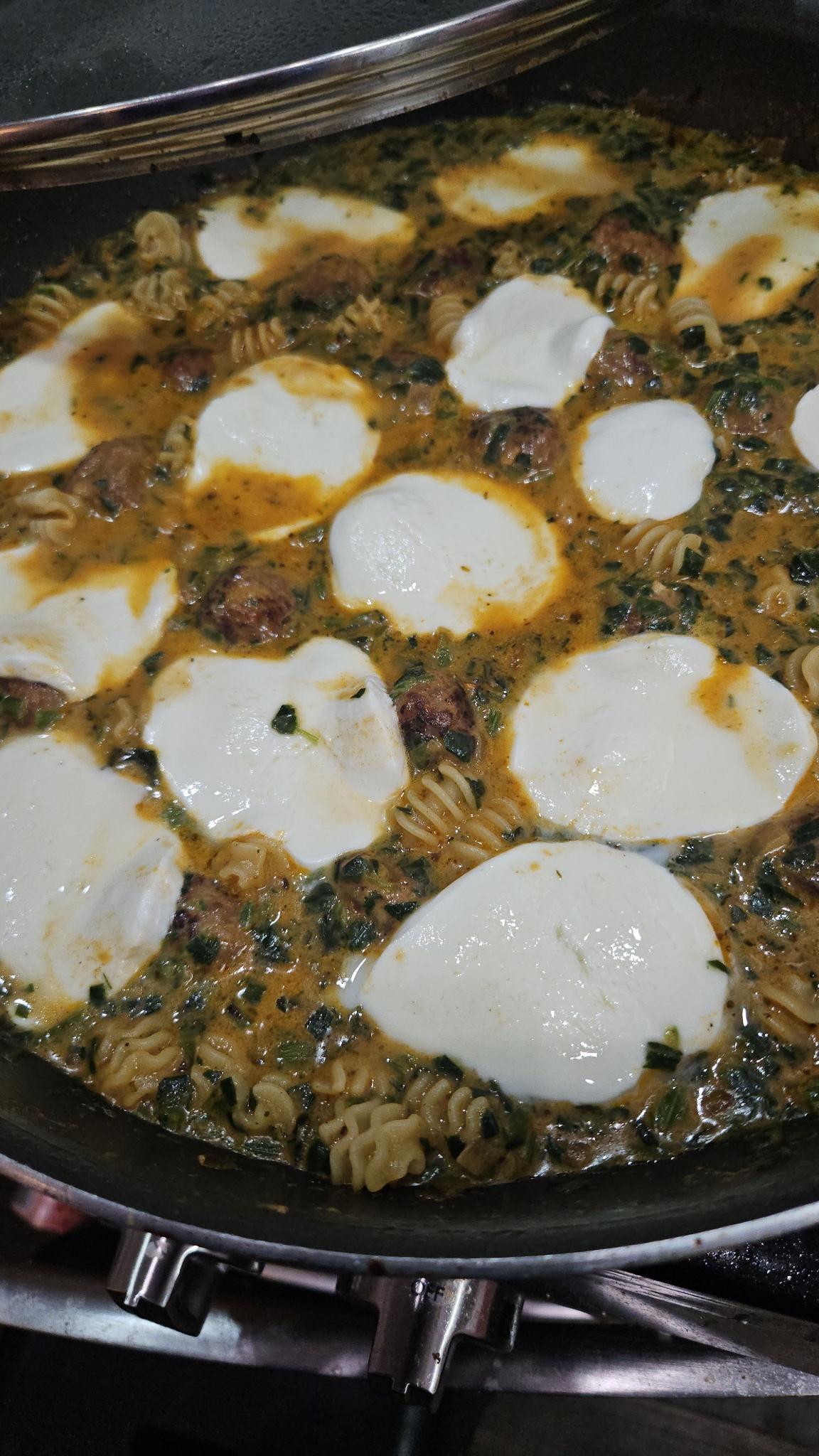 Spicy Pork Meatballs with Radiatori noodles and Mozzarella Slices